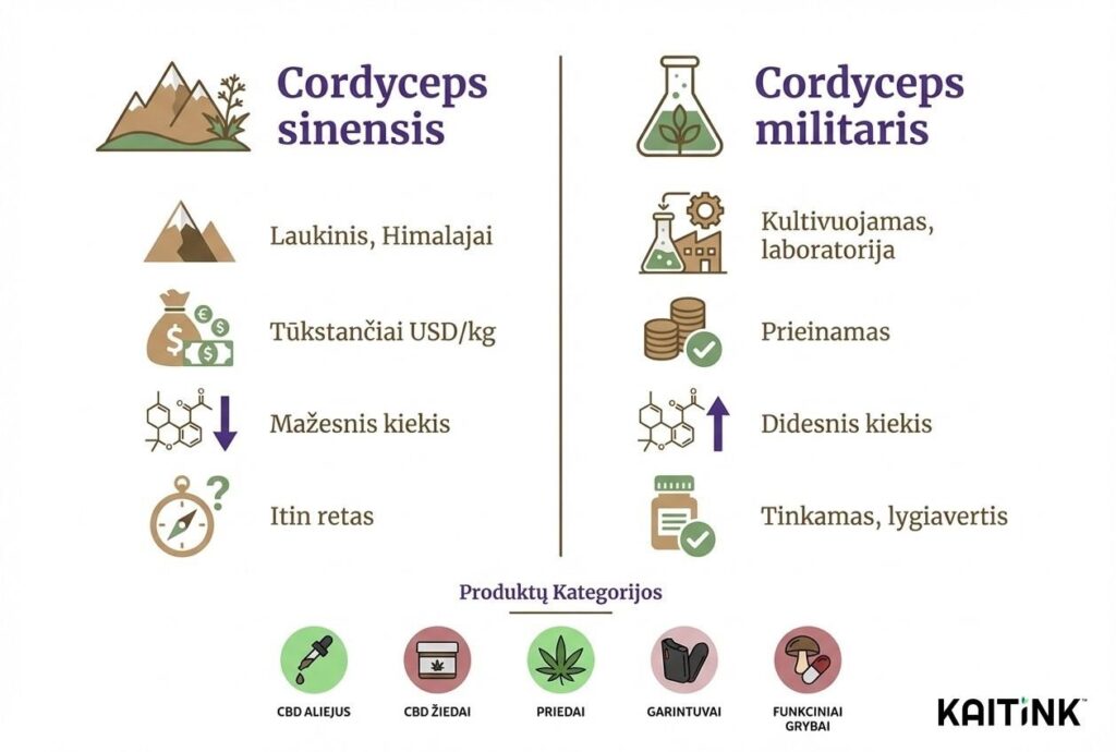 Cordyceps sinensis ir Cordyceps militaris palyginimas: kilmė, kaina, kordicepino kiekis ir tinkamumas papildams