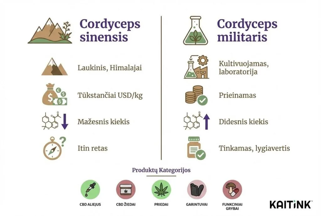 Cordyceps sinensis ir Cordyceps militaris palyginimas: kilmė, kaina, kordicepino kiekis ir tinkamumas papildams