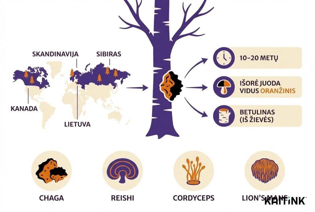 Chaga grybo Inonotus obliquus infografika: augimo vietos žemėlapyje, 10–20 metų augimo ciklas ant beržo, juoda išorė ir oranžinis vidus, adaptogeninių grybų grupė