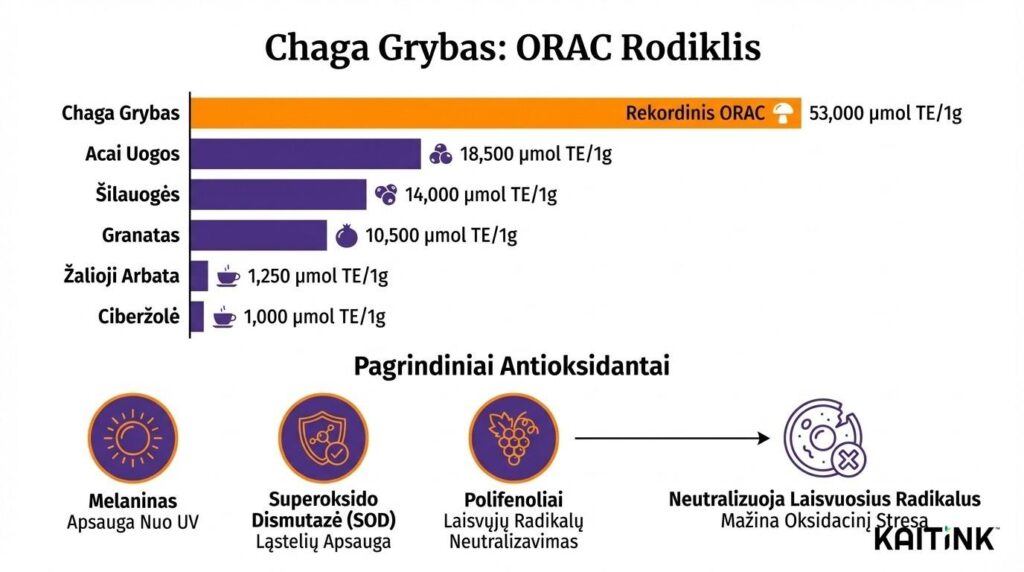 Chaga grybo ORAC antioksidacinis rodiklis palyginti su acai uogomis, šilauogėmis, granatu ir žaliąja arbata – juostinė diagrama