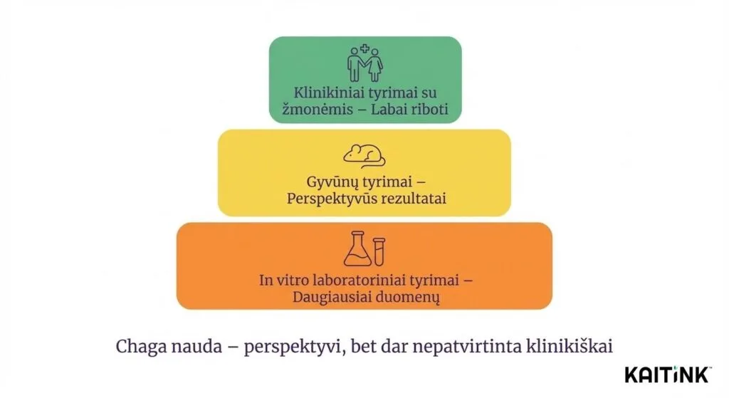 Chaga grybo mokslinių tyrimų įrodymų piramidė: in vitro tyrimai, gyvūnų tyrimai ir klinikiniai tyrimai su žmonėmis pagal įrodymų stiprumą